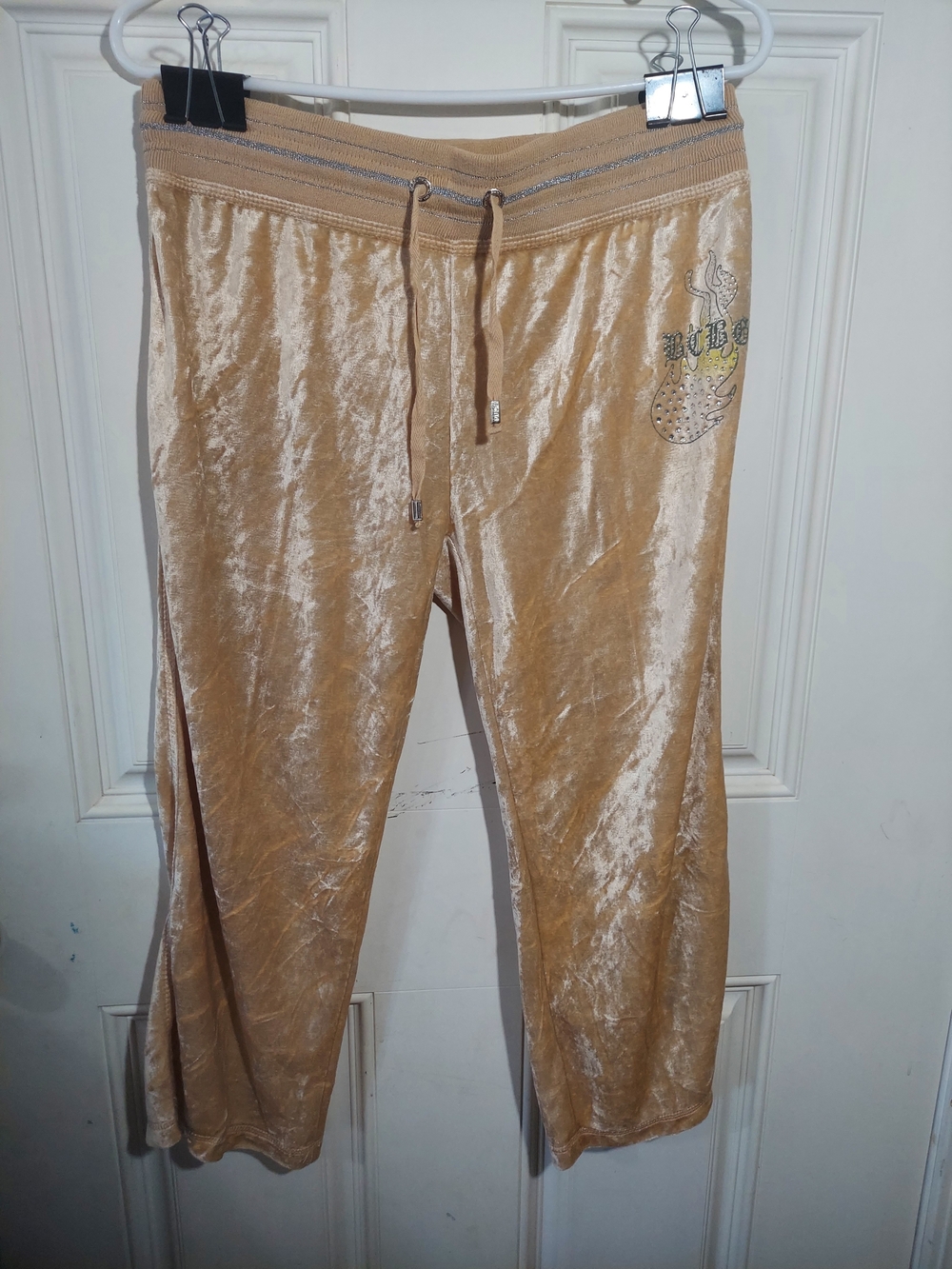 BCBGMaxAzria Beige Crushed Velvet Drawstring Pants with Embellishment Large Nwt